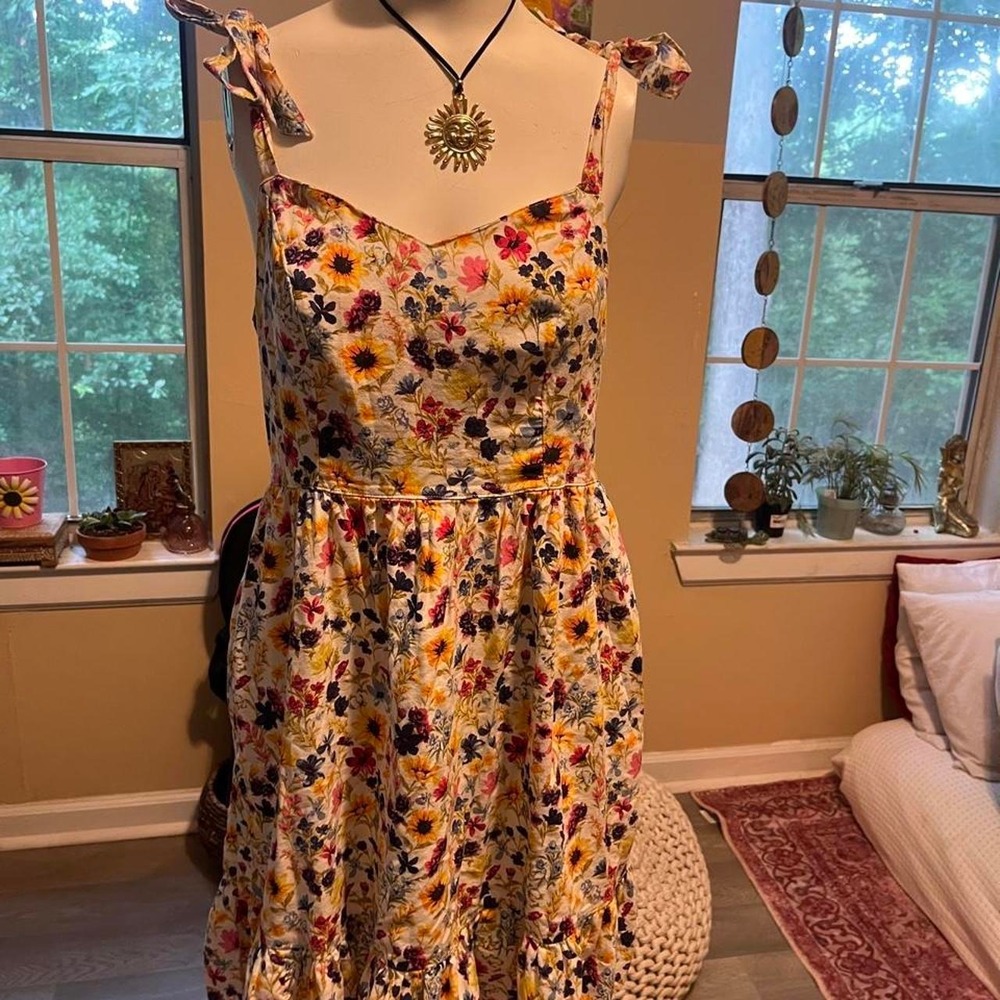 Cottagecore floral mini dress with sunflowers and other flowers, size XS